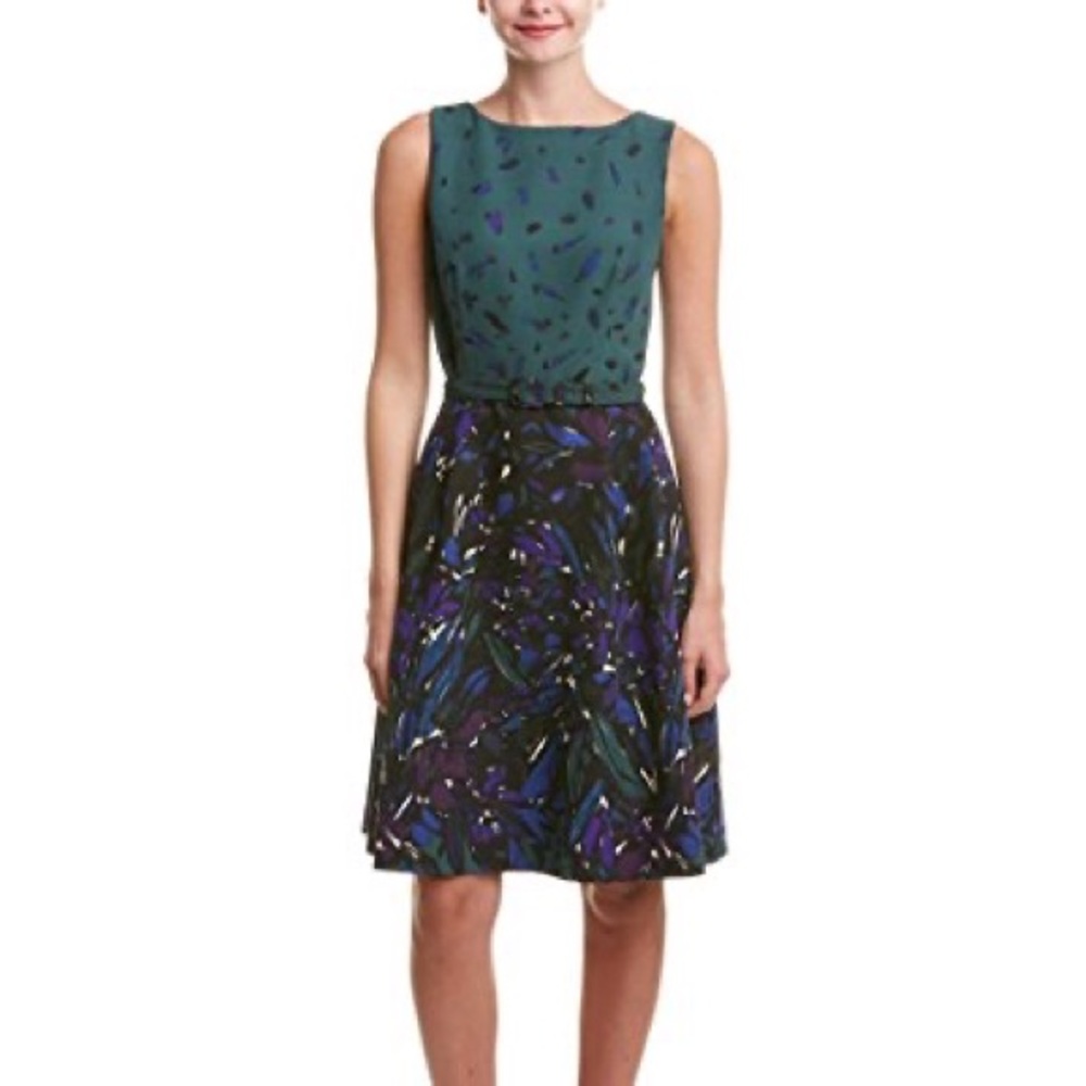 Anne klein printed boatneck fit n flare belted dress green combo size 8
